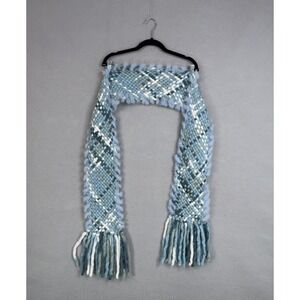 Wool Rabbit Fur Scarf Womens One Size Blue Plaid Chunky Knit Fringe Winter Cozy